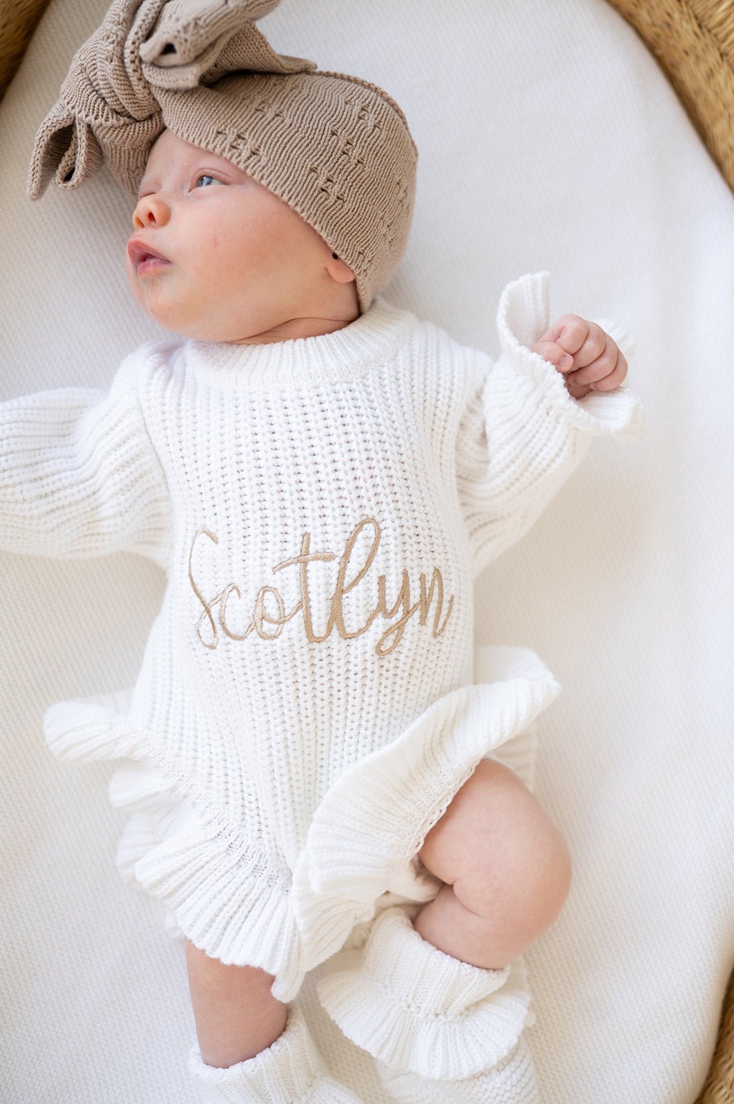 Taupe Organic Cotton Pointelle Bow Baby Headband - Harp Angel Boutique