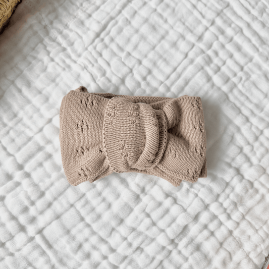 Taupe Organic Cotton Pointelle Bow Baby Headband - Harp Angel Boutique