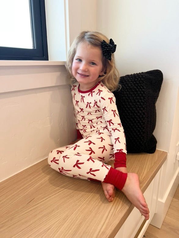 Two - Piece Pajama Set - Red Bows - Harp Angel Boutique