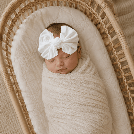 White Bamboo Knot Bow Headband – Soft One Size Baby Bow - Harp Angel Boutique