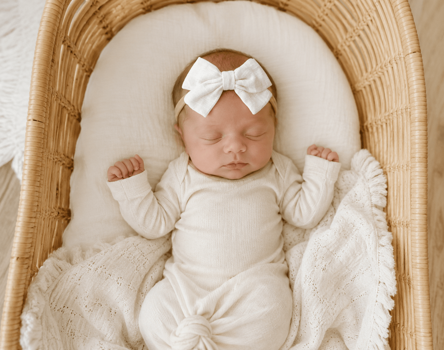 White Linen Baby Bow | Soft Nylon Headband - Harp Angel Boutique