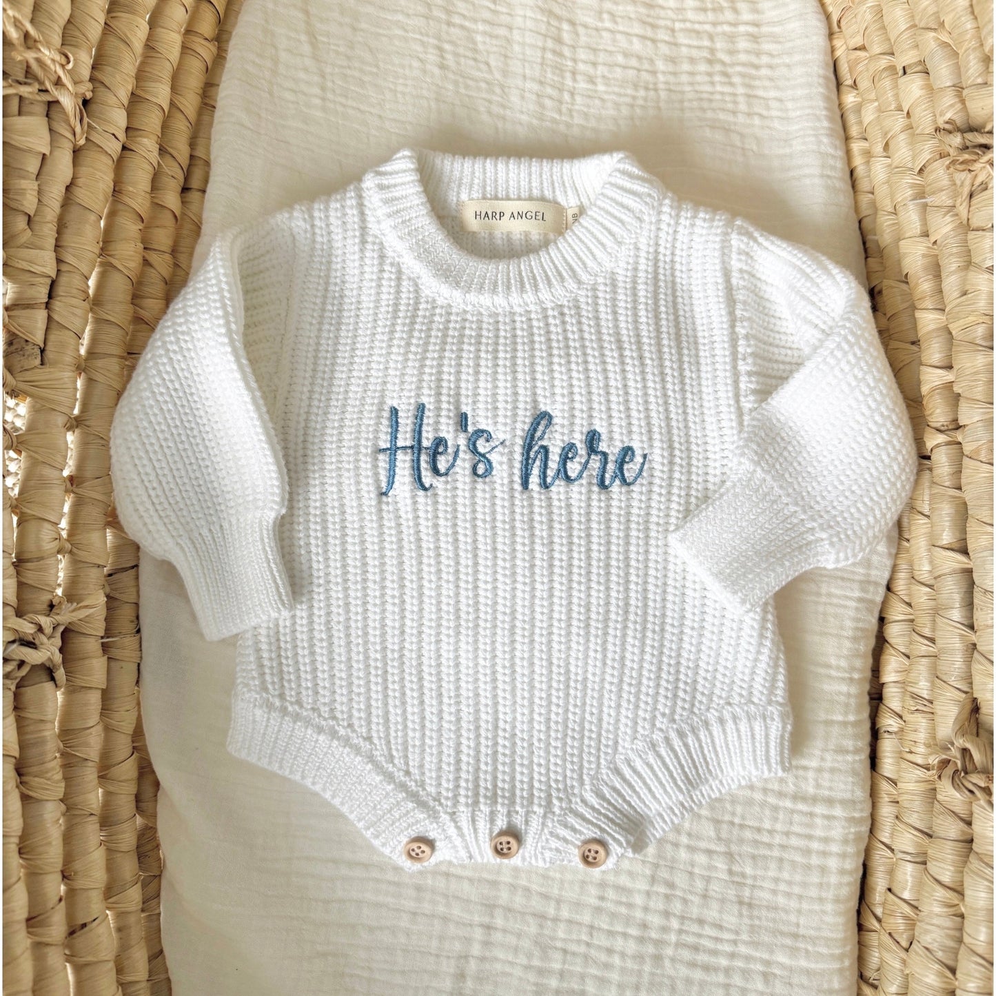 White Organic Cotton Knit Baby Romper | He’s Here - Harp Angel Boutique