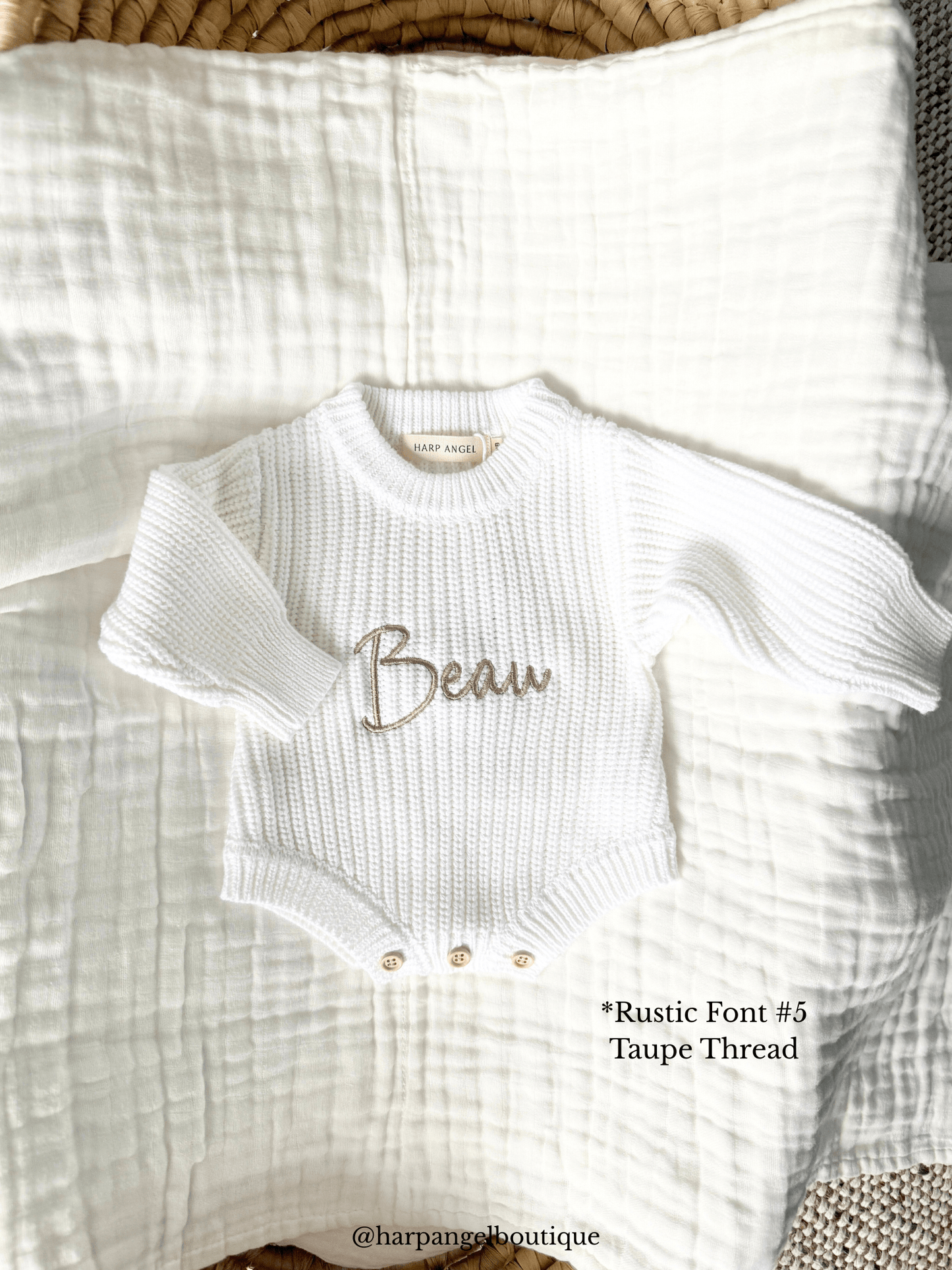 White Organic Cotton Knit Baby Romper | Personalized - Harp Angel Boutique
