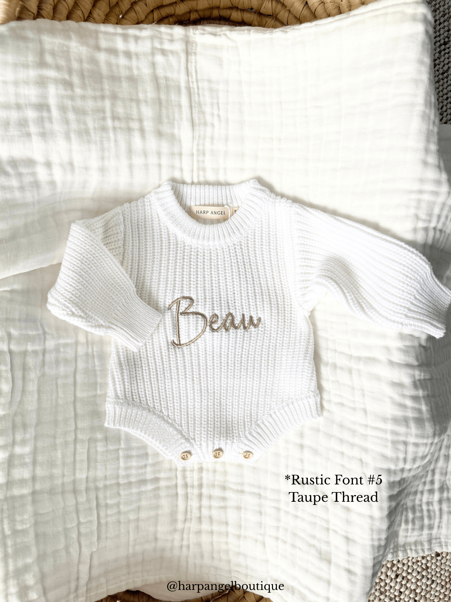 White Organic Cotton Knit Baby Romper | Personalized - Harp Angel Boutique