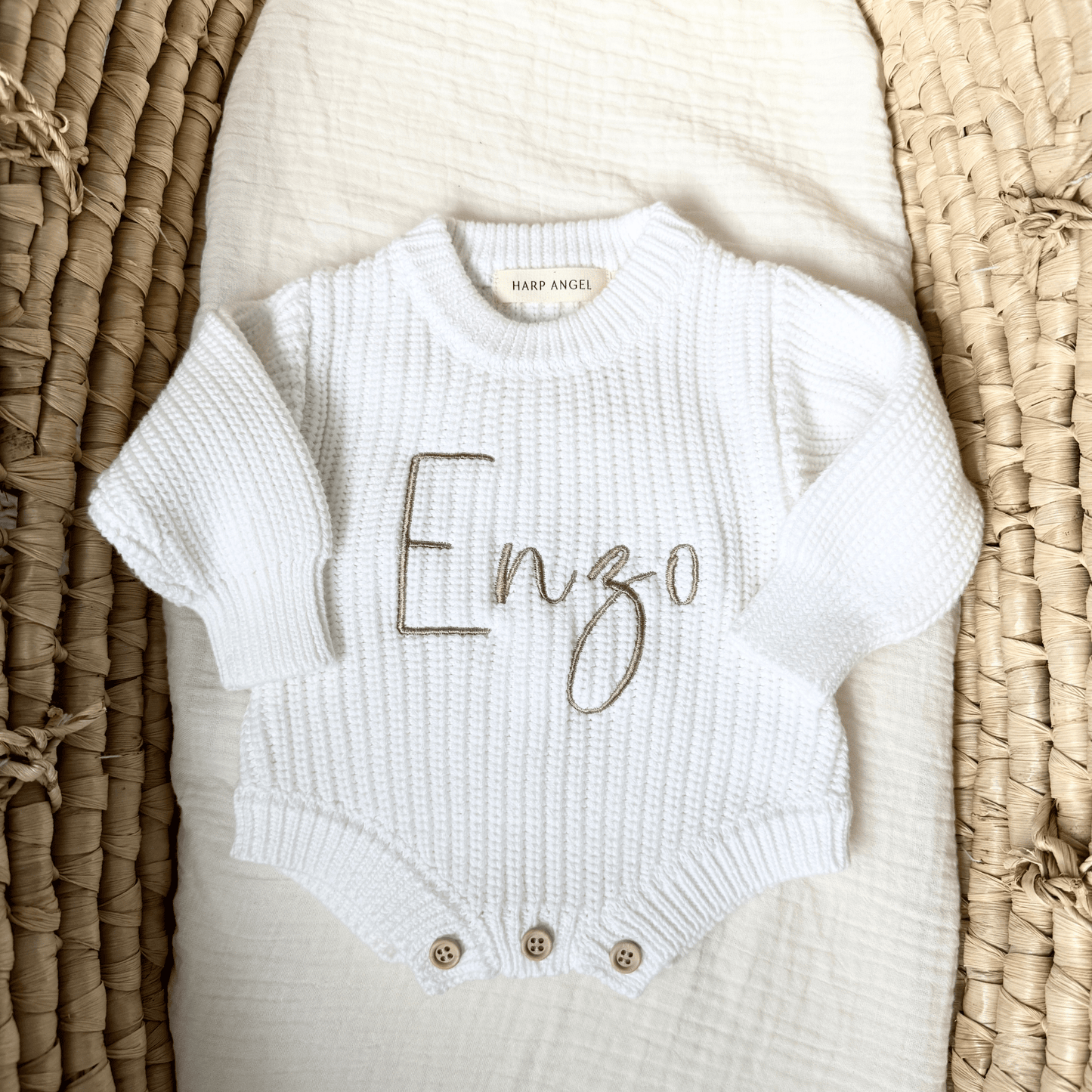 White Organic Cotton Knit Baby Romper | Personalized - Harp Angel Boutique
