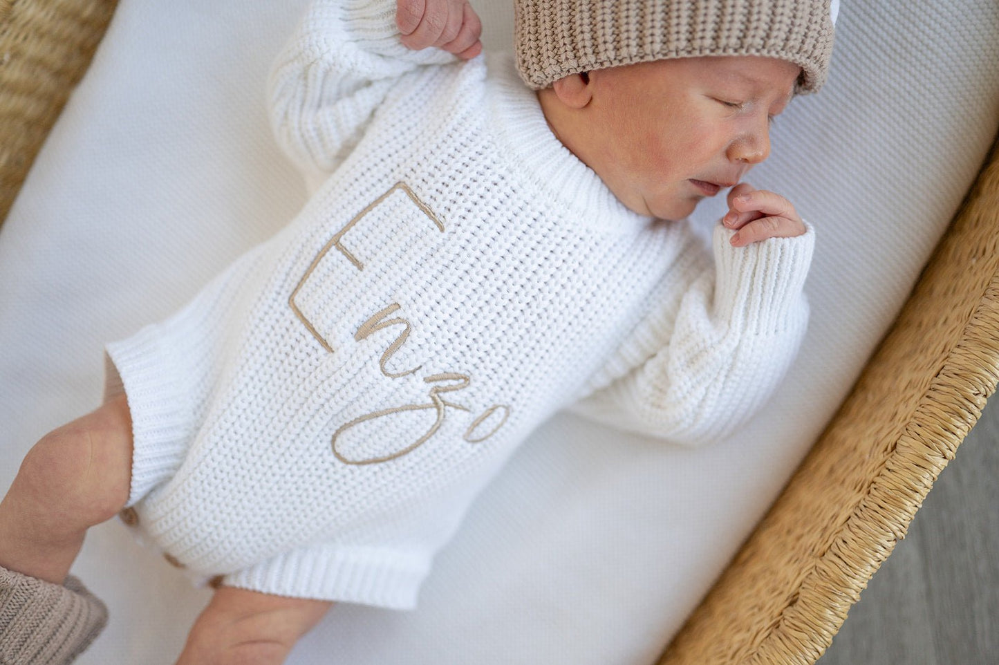 White Organic Cotton Knit Baby Romper | Personalized - Harp Angel Boutique