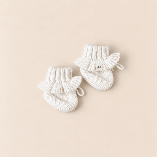 White Organic Cotton Knit Newborn Baby Ruffle Booties - Harp Angel Boutique