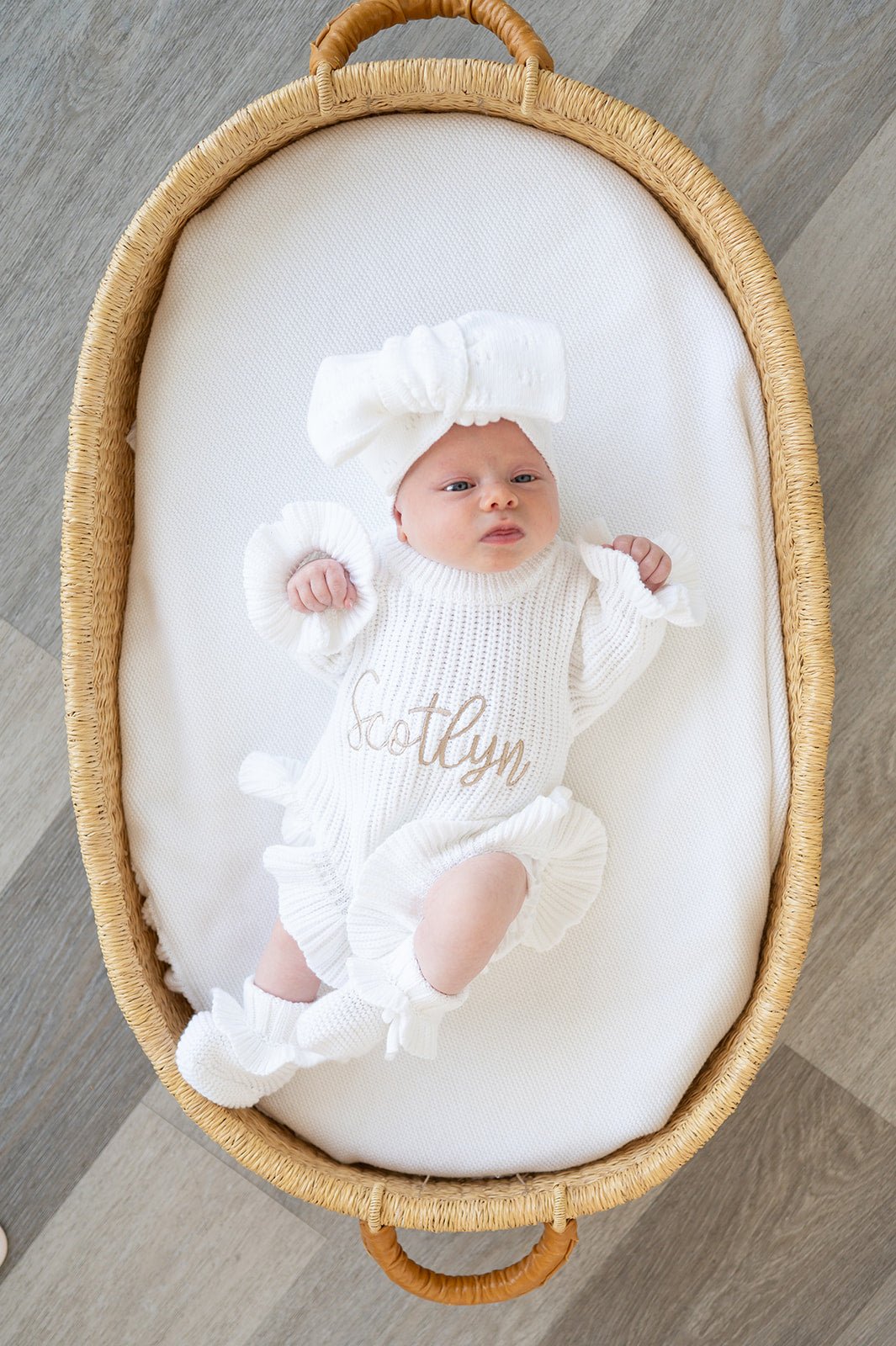 White Organic Cotton Knit Newborn Baby Ruffle Booties - Harp Angel Boutique