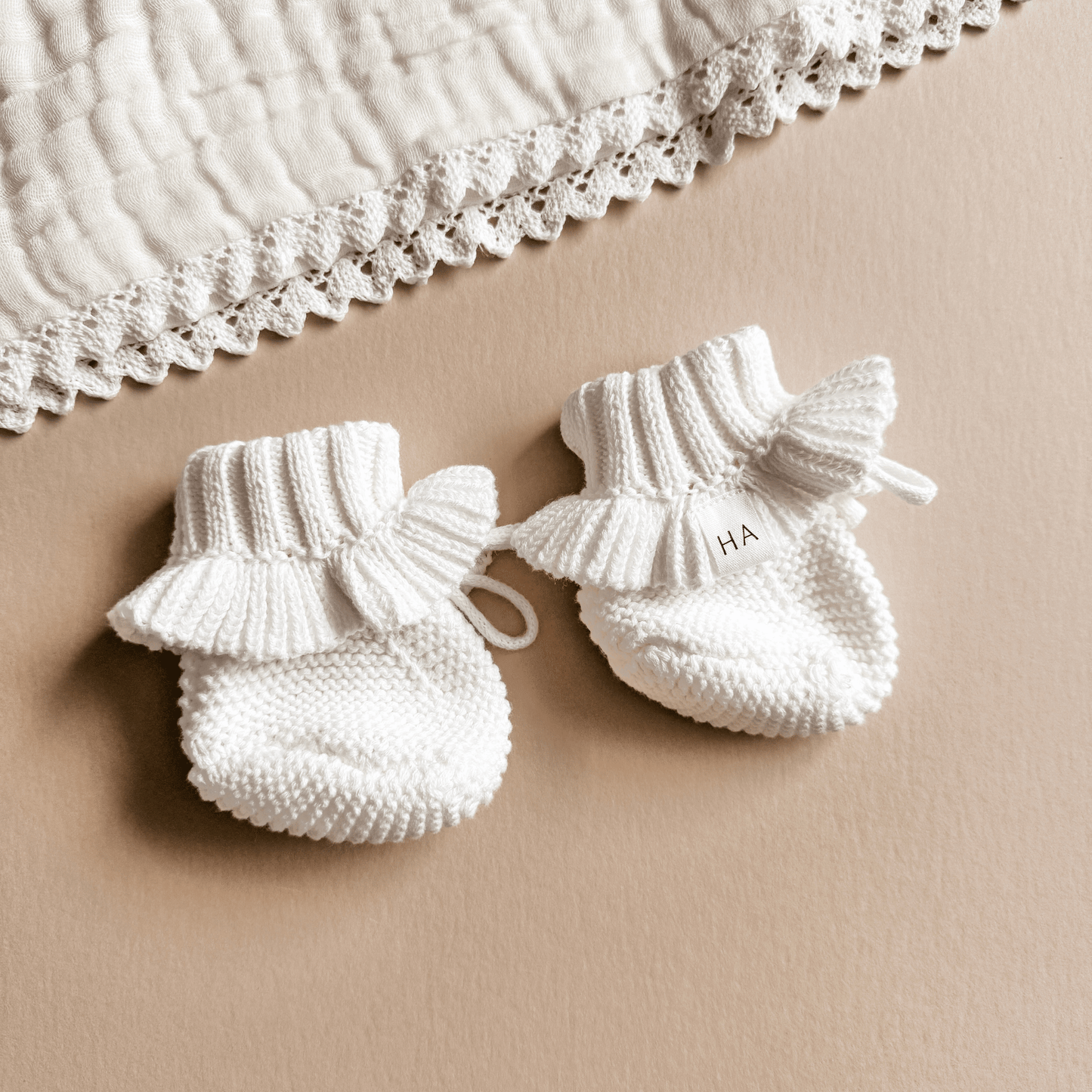 White Organic Cotton Knit Newborn Baby Ruffle Booties - Harp Angel Boutique
