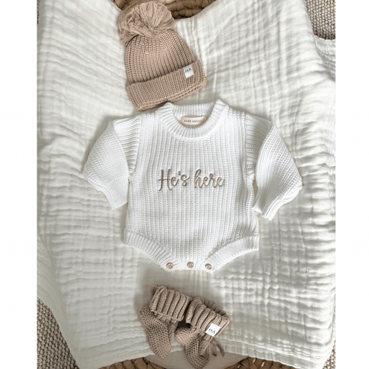 White Organic Cotton Knit Romper | He’s Here Bundle Taupe - Harp Angel Boutique