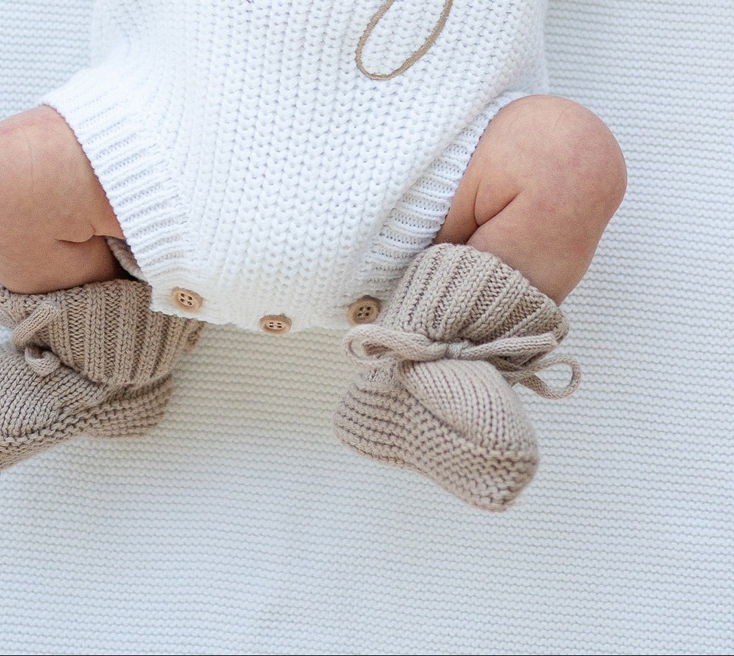 White Organic Cotton Knit Romper | He’s Here Bundle Taupe - Harp Angel Boutique
