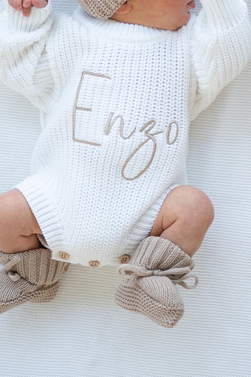 White Organic Cotton Knit Romper | Name Bundle - Harp Angel Boutique