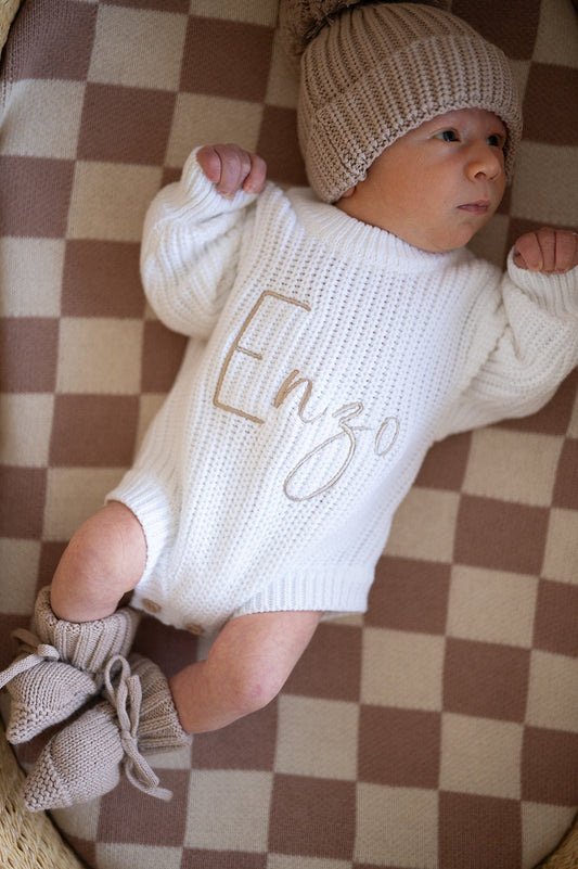 White Organic Cotton Knit Romper | Name Bundle - Harp Angel Boutique