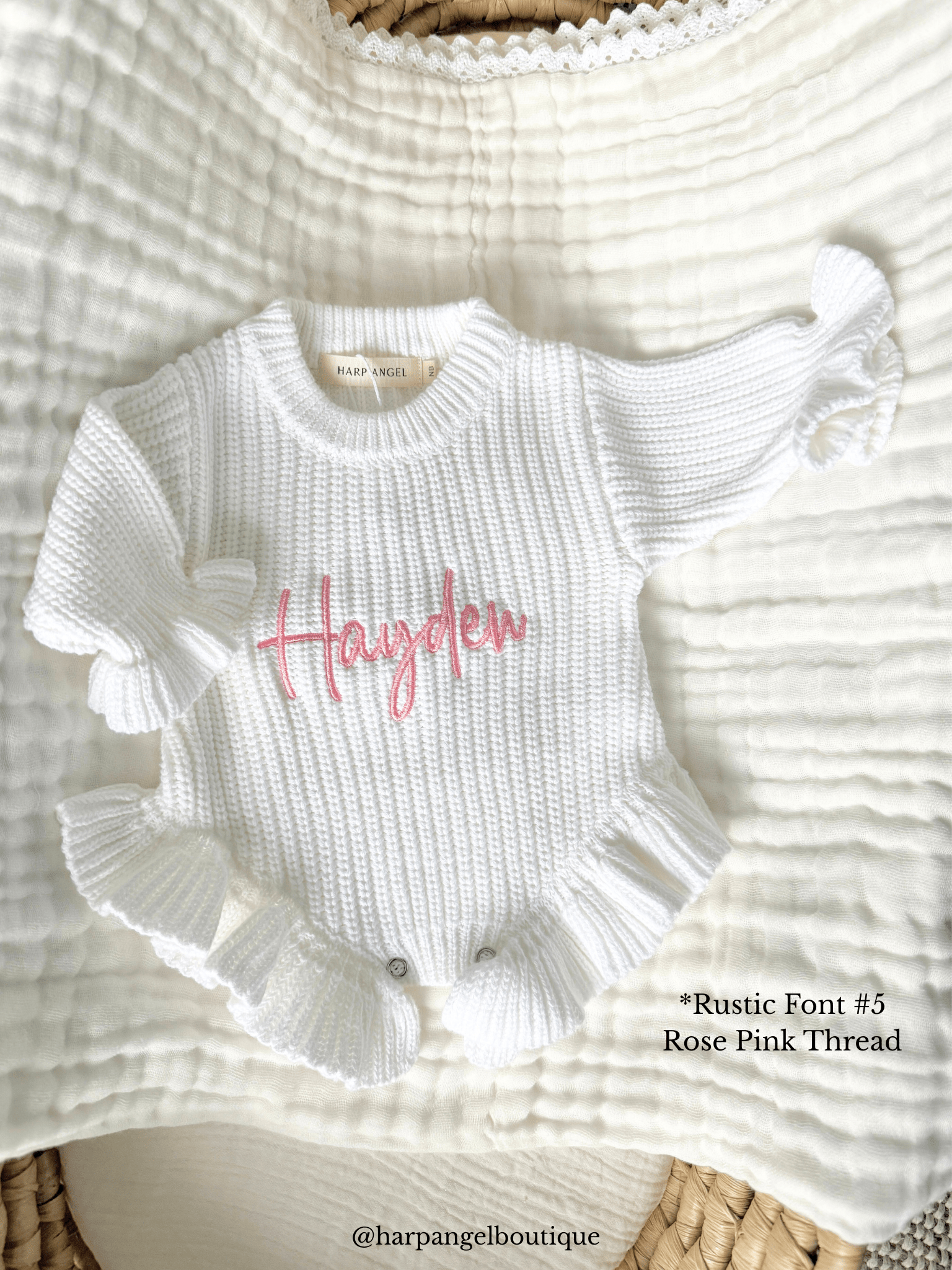 White Organic Cotton Knit Ruffle Baby Romper | Personalized - Harp Angel Boutique