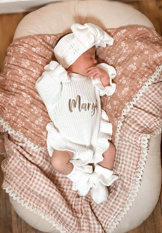 White Organic Cotton Knit Ruffle Baby Romper | Personalized - Harp Angel Boutique