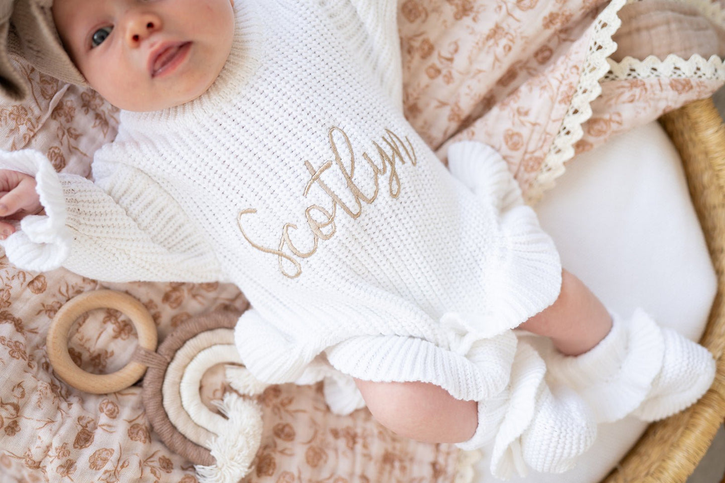 White Organic Cotton Knit Ruffle Baby Romper | Personalized - Harp Angel Boutique