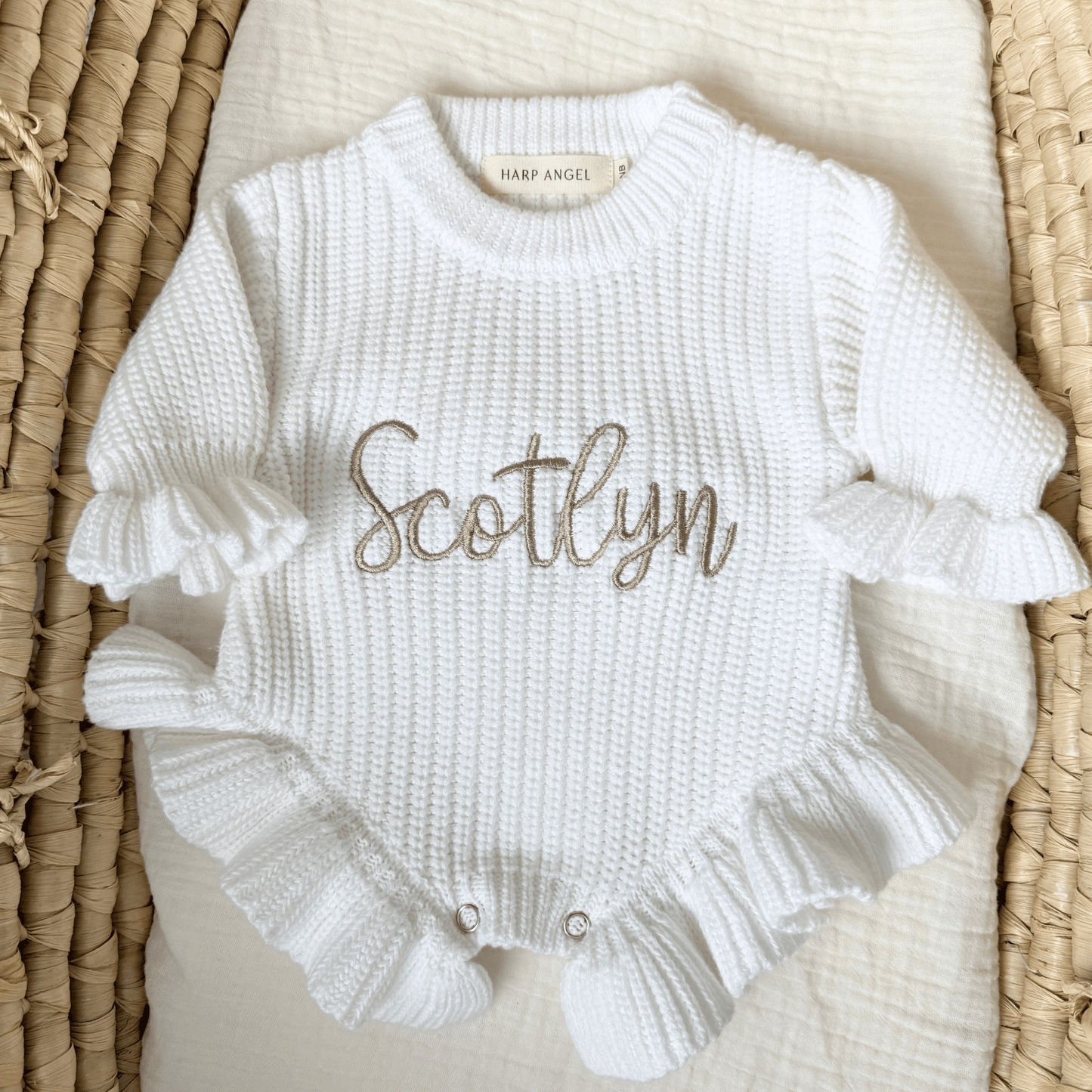 White Organic Cotton Knit Ruffle Baby Romper | Personalized - Harp Angel Boutique