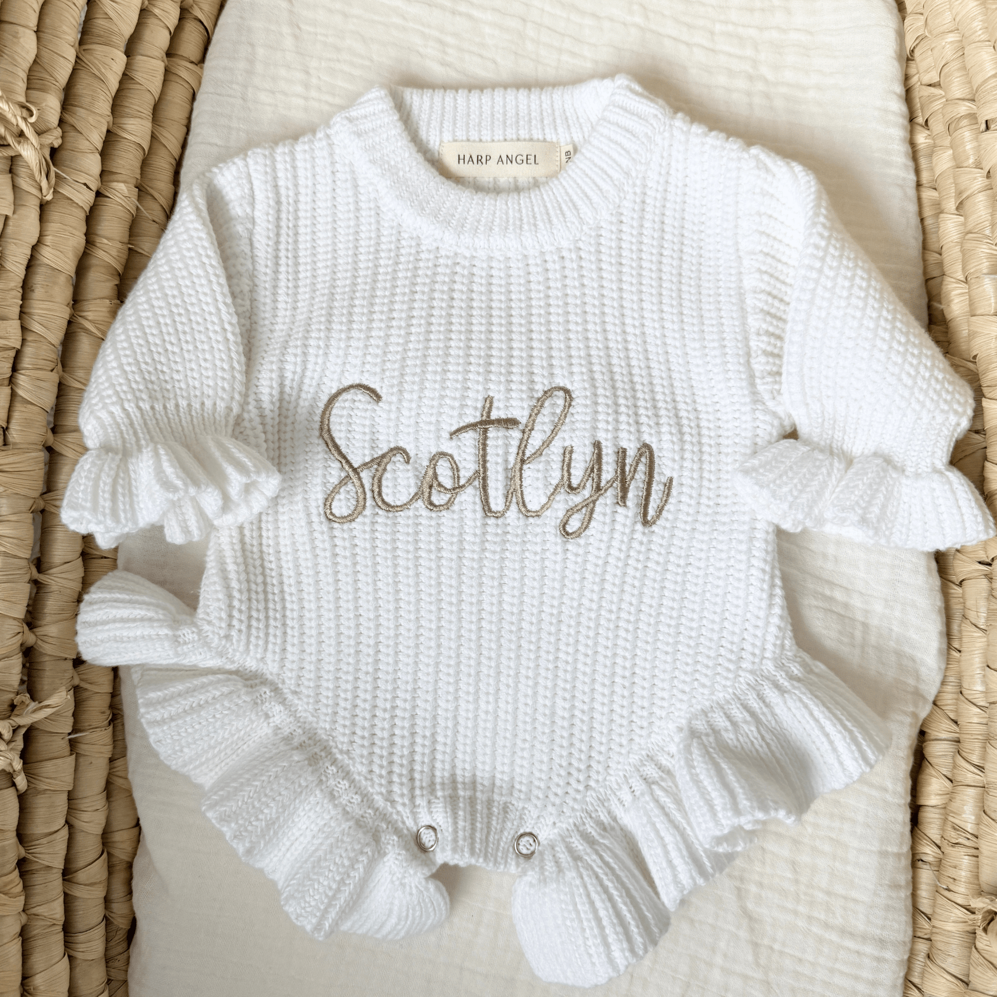 White Organic Cotton Knit Ruffle Baby Romper | Personalized - Harp Angel Boutique