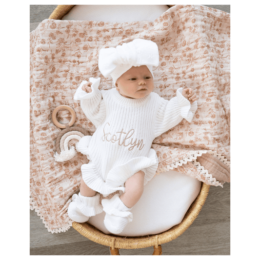 White Organic Cotton Knit Ruffle Romper | Name Bundle - Harp Angel Boutique