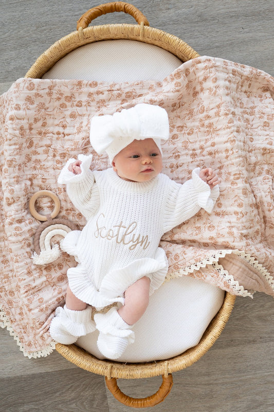 White Organic Cotton Knit Ruffle Romper | Name Bundle - Harp Angel Boutique
