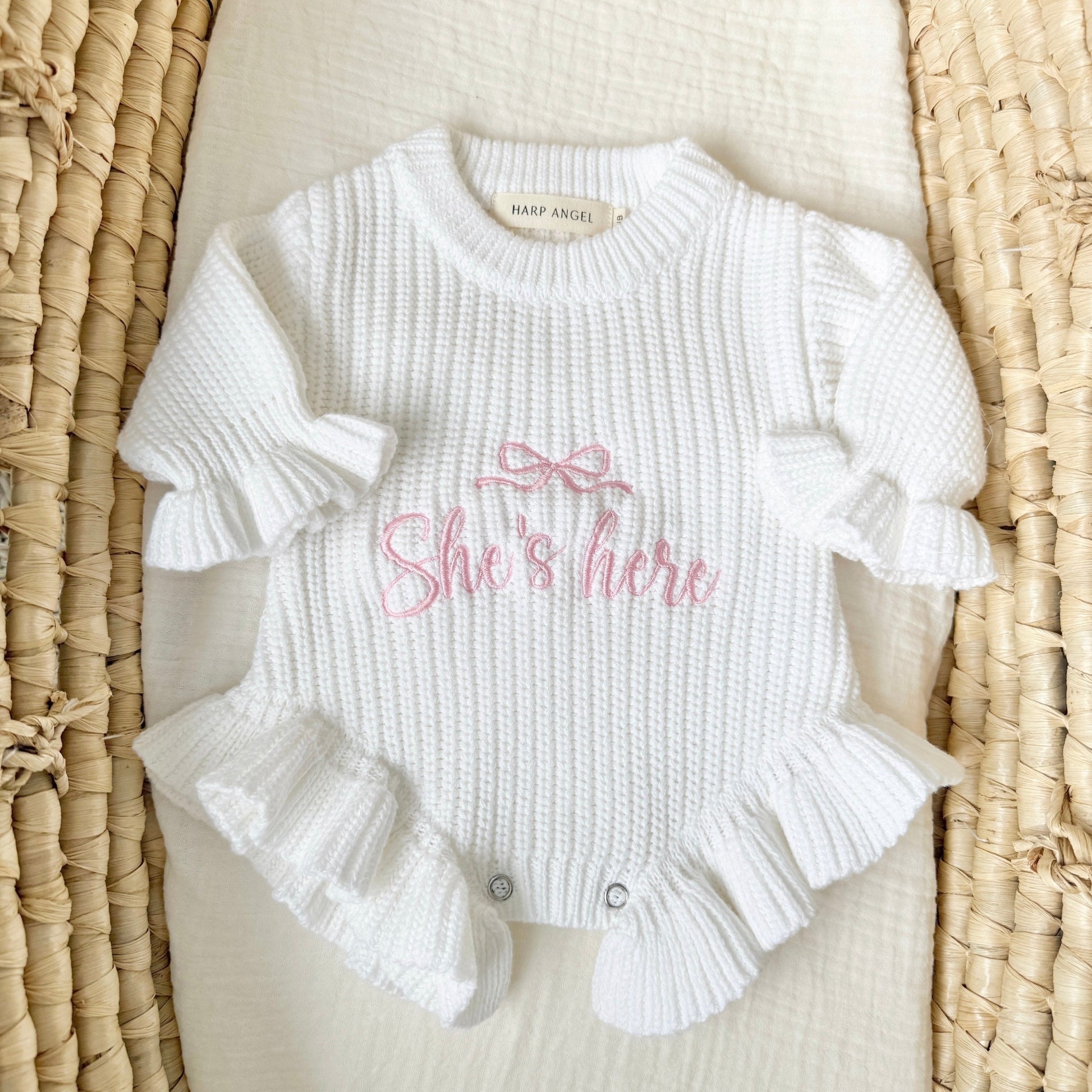 White Organic Cotton Knit Ruffle Romper | She’s Here - Harp Angel Boutique