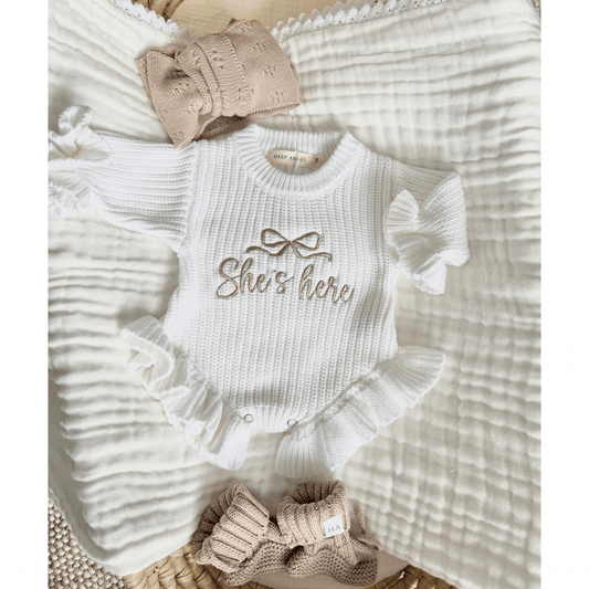 White Organic Cotton Knit Ruffle Romper | She’s Here Bundle Taupe - Harp Angel Boutique