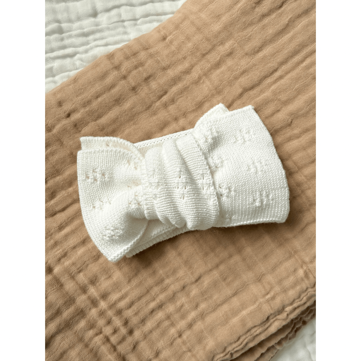 White Organic Cotton Pointelle Oversized Bow Baby Headband - Harp Angel Boutique