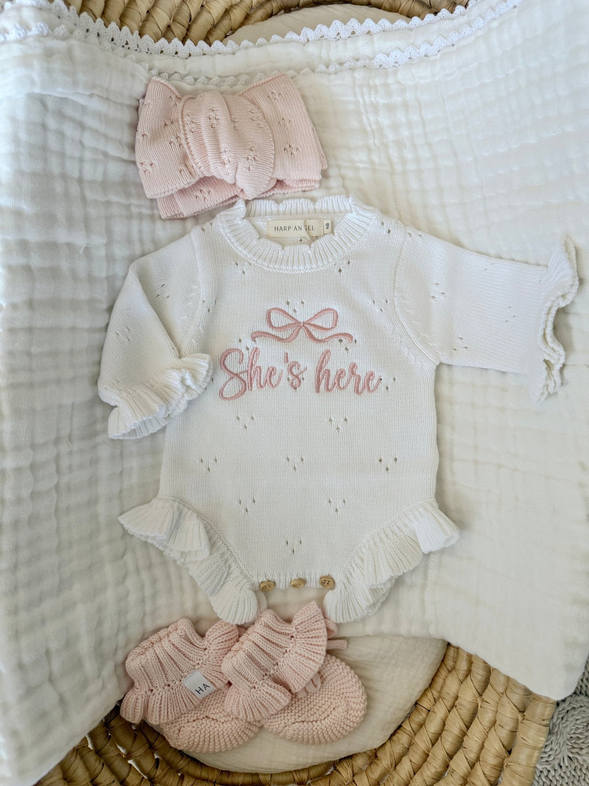 White Personalized Pointelle Ruffle Romper | Blush Pink She’s Here - Harp Angel Boutique
