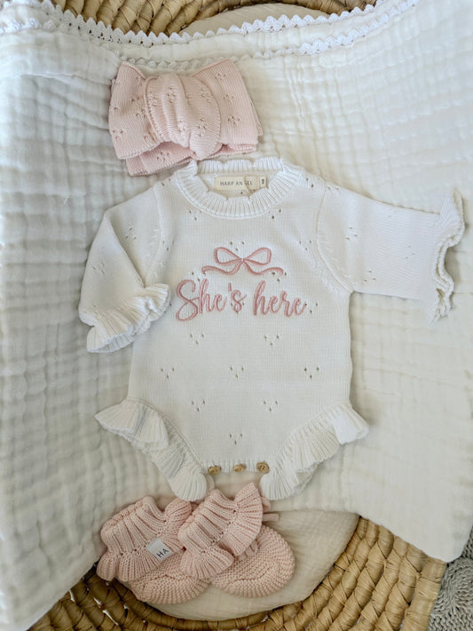 White Personalized Pointelle Ruffle Romper | Blush Pink She’s Here - Harp Angel Boutique