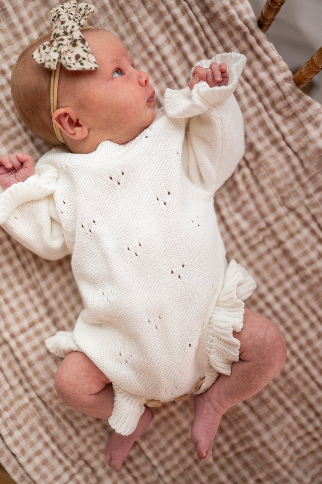 White Pointelle Organic Knit Ruffle Romper - Harp Angel Boutique