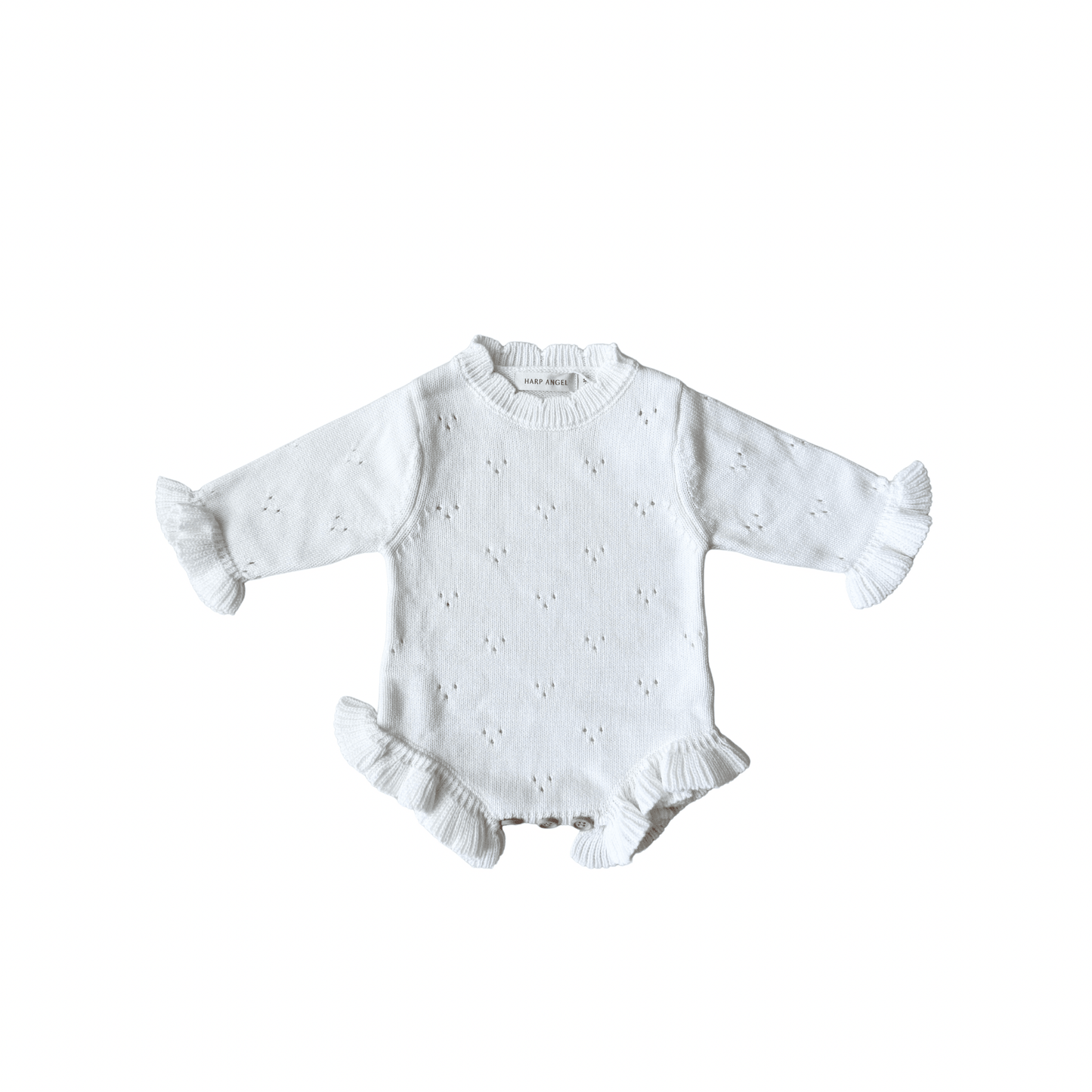 White Pointelle Organic Knit Ruffle Romper - Harp Angel Boutique