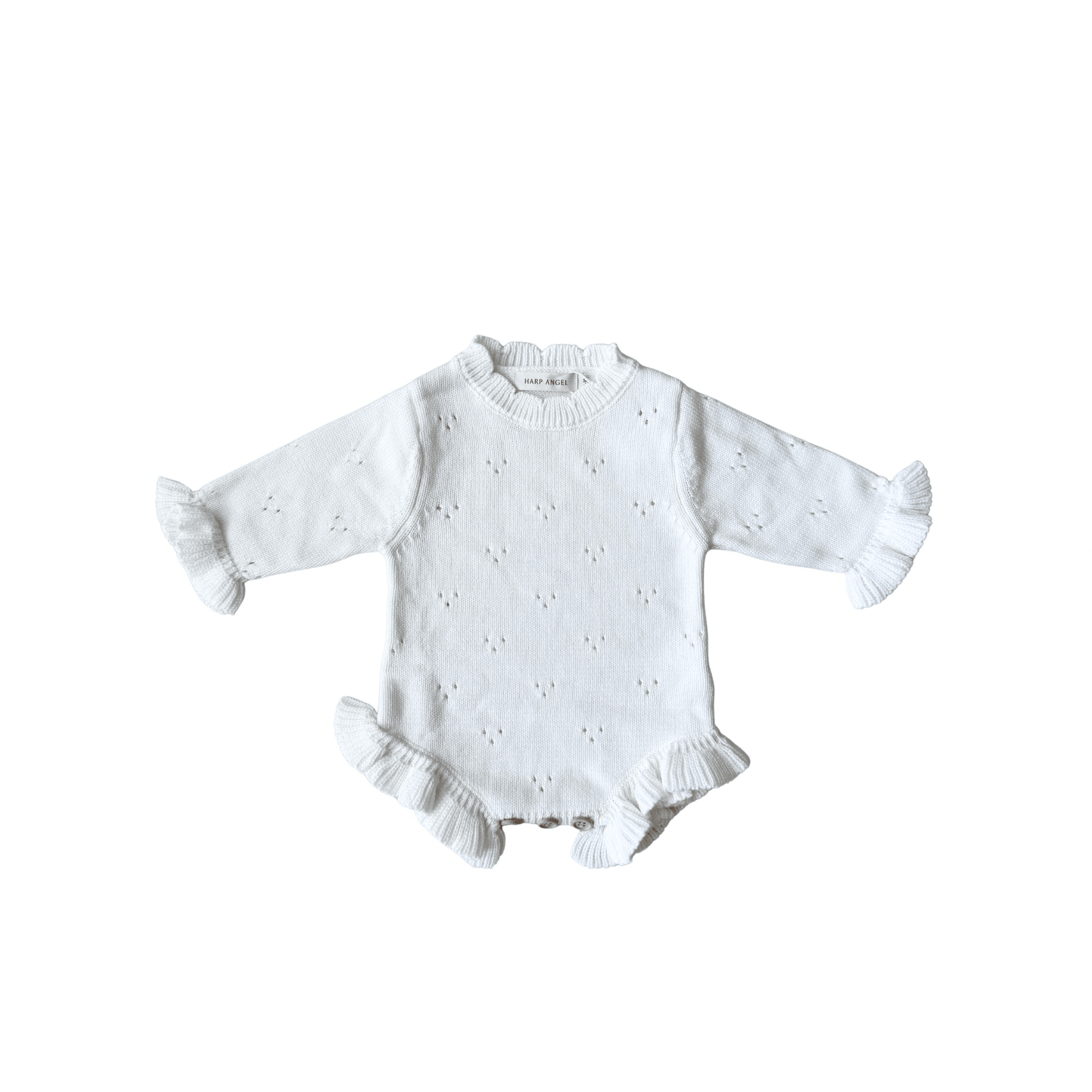 White Pointelle Organic Knit Ruffle Romper - Harp Angel Boutique