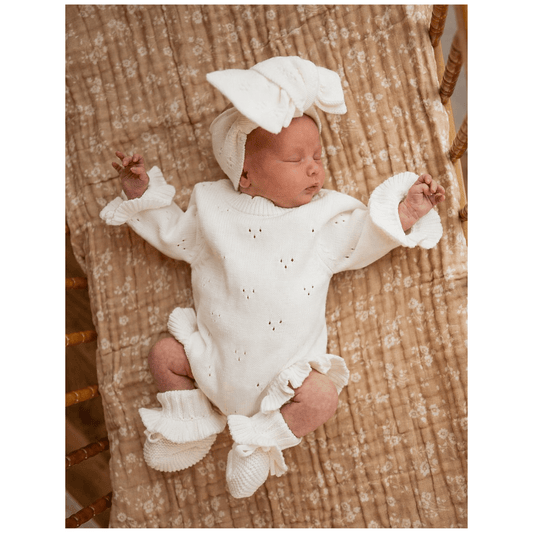 White Pointelle Organic Knit Ruffle Romper - Harp Angel Boutique