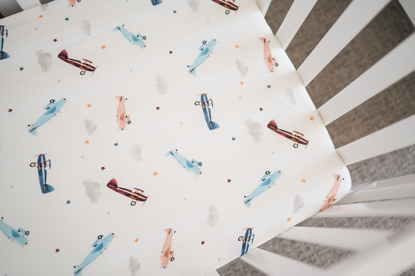 Bamboo Fitted Crib Sheet - Vintage Airplane - Harp Angel Boutique