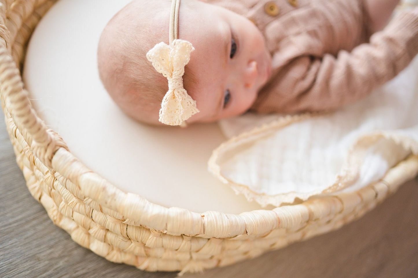 Cream Lace Baby Bow Headband - Harp Angel Boutique