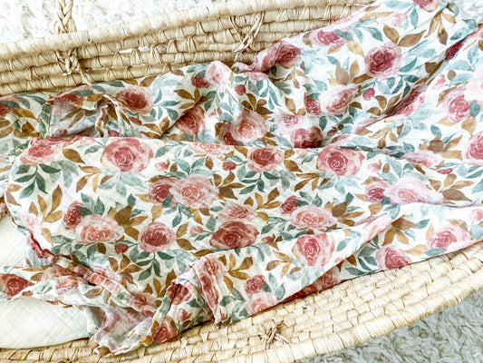 Dusty Pink Floral Muslin Swaddle Blanket - Harp Angel Boutique