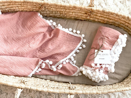 Dusty Pink Pom Muslin Swaddle Blanket - Harp Angel Boutique