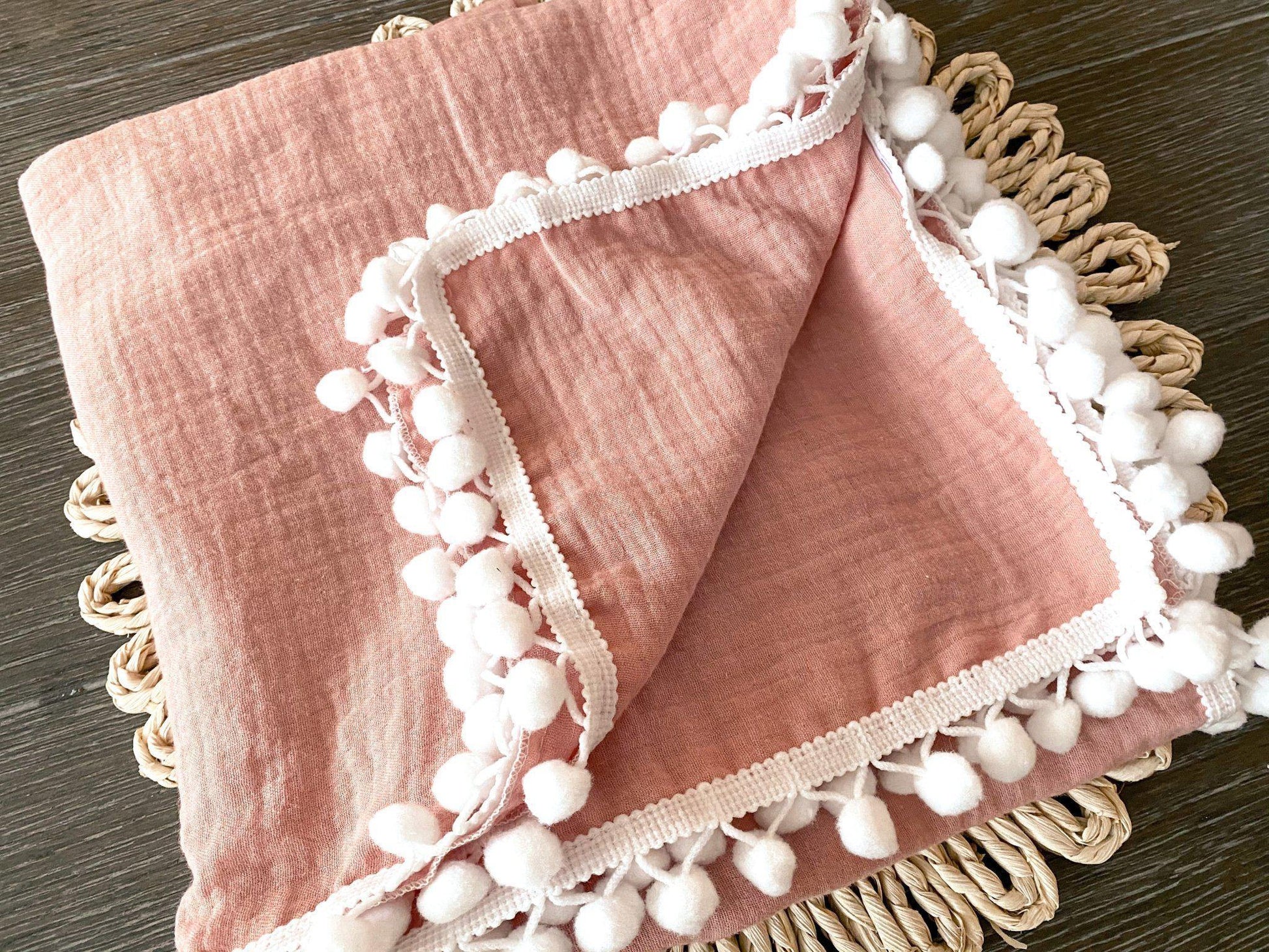 Dusty Pink Pom Muslin Swaddle Blanket - Harp Angel Boutique