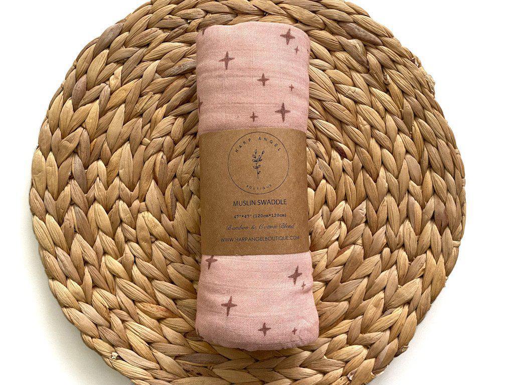 Dusty Pink Stars Muslin Swaddle Blanket Cotton - Harp Angel Boutique