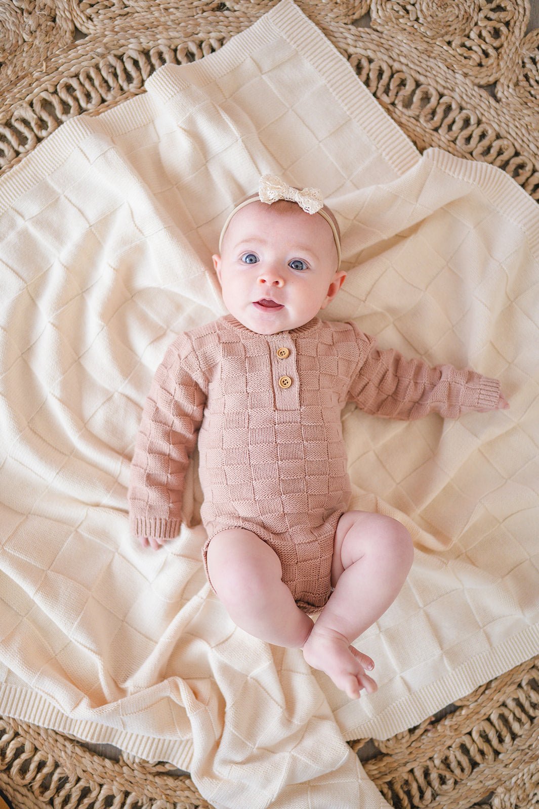 Knitted Baby Blanket - Cream Checkered - Harp Angel Boutique