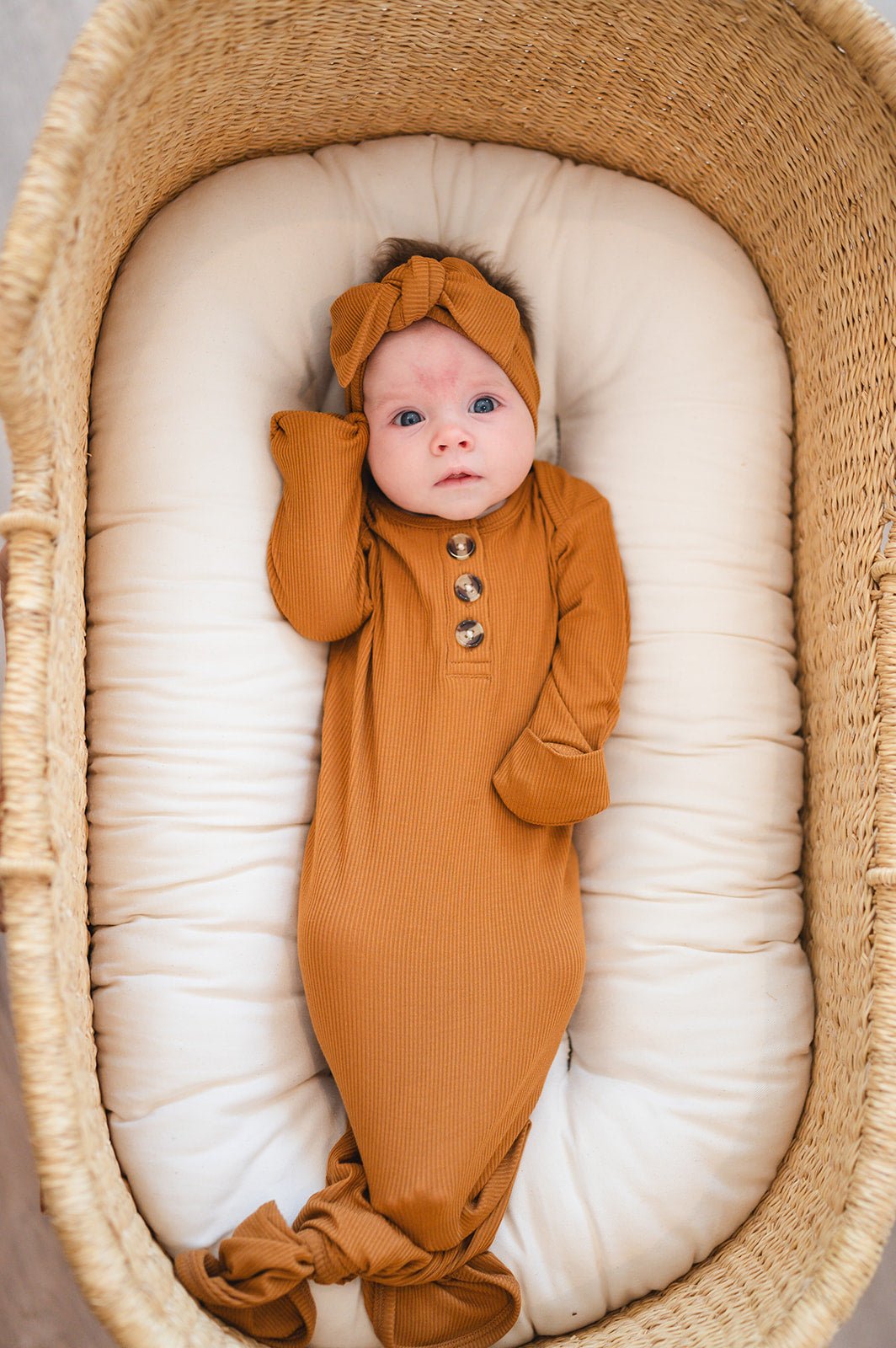 Knotted Baby Gown - Caramel Ribbed - Harp Angel Boutique