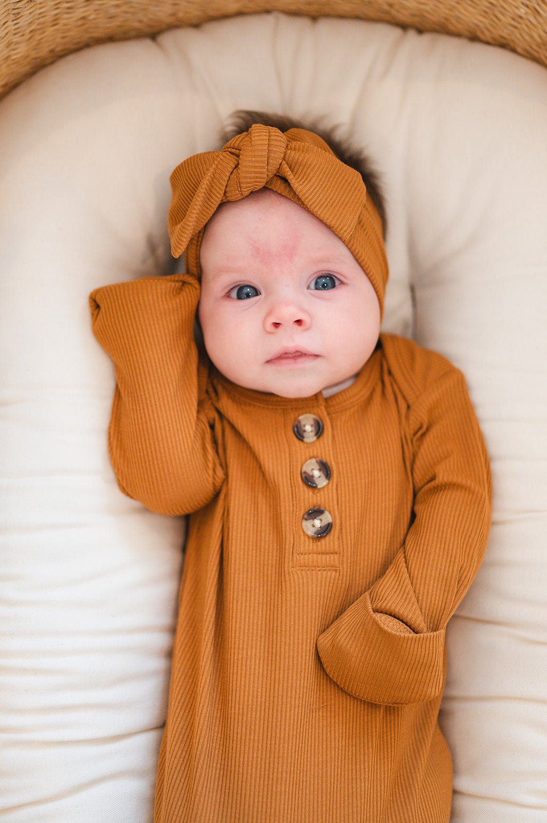 Knotted Baby Gown - Caramel Ribbed - Harp Angel Boutique