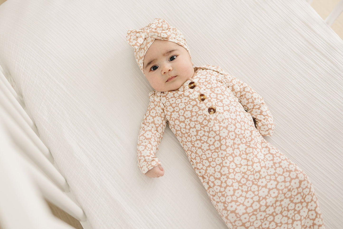 Knotted Baby Gown - Mocha Ditsy Floral - Harp Angel Boutique