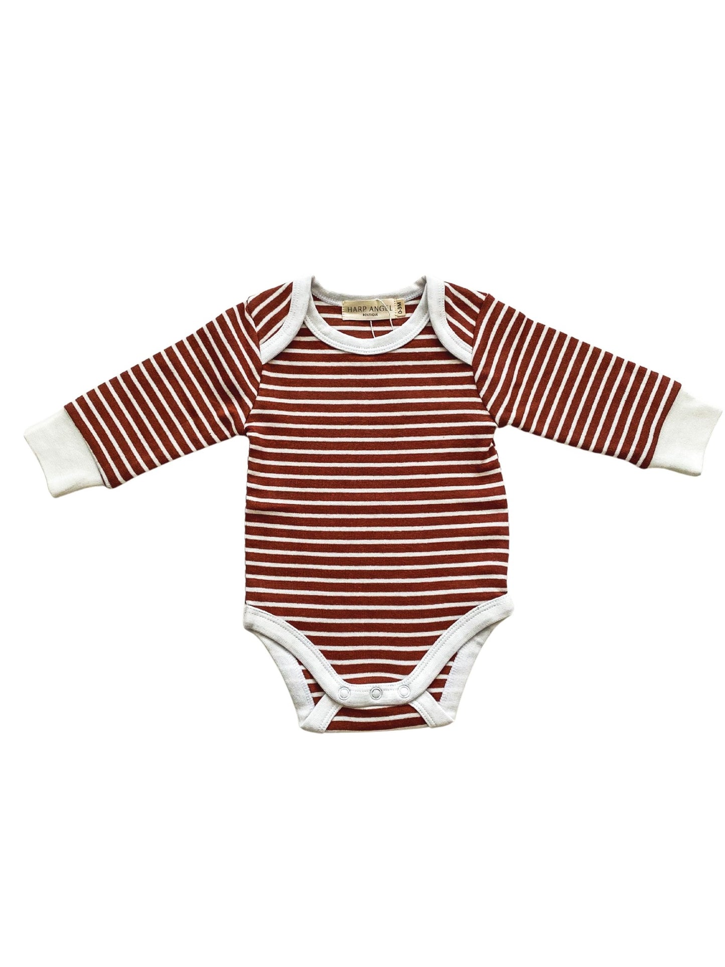 Long Sleeve Organic Bodysuit - Brown Stripe - Harp Angel Boutique