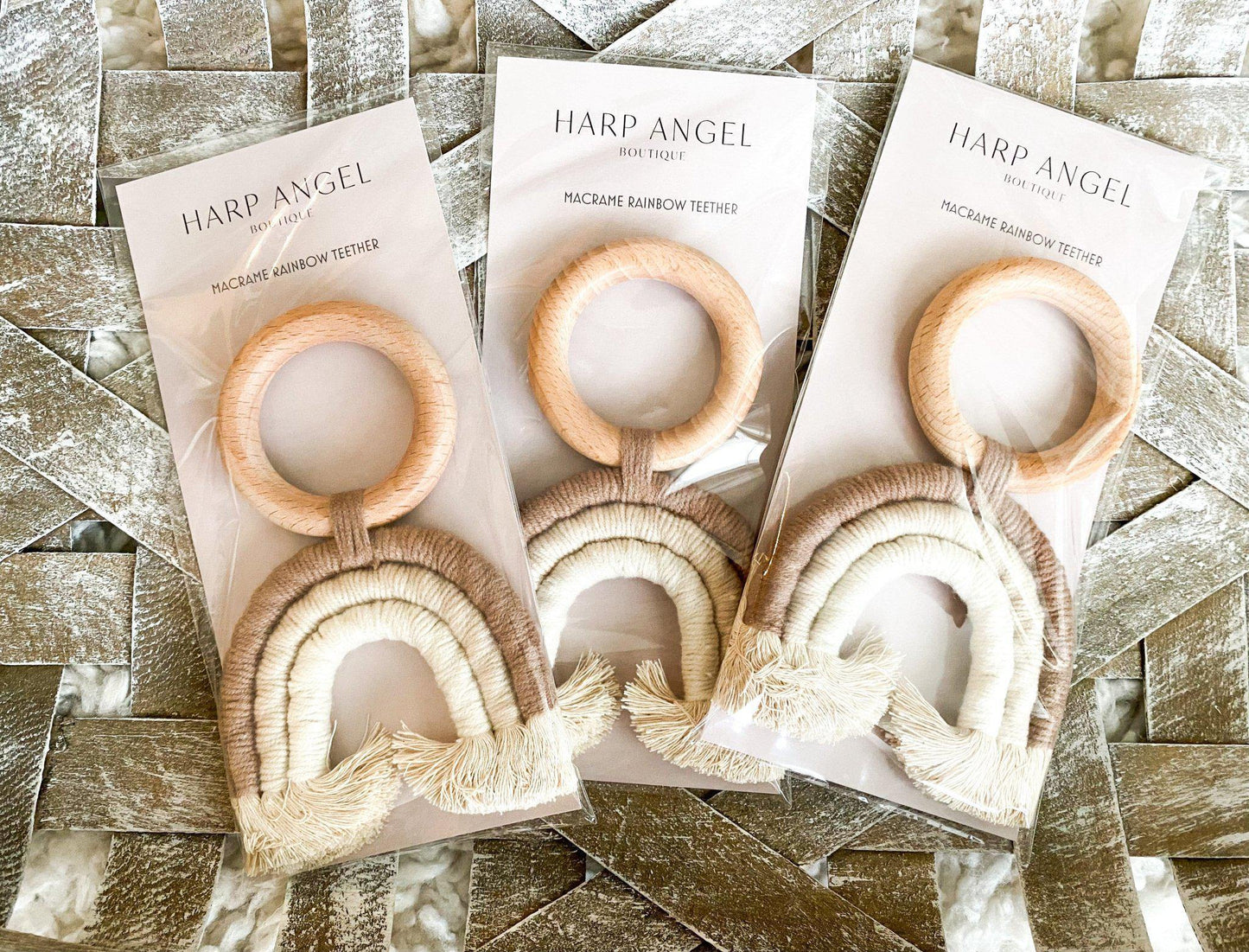 Neutral Rainbow Woven Wood Teether - Harp Angel Boutique