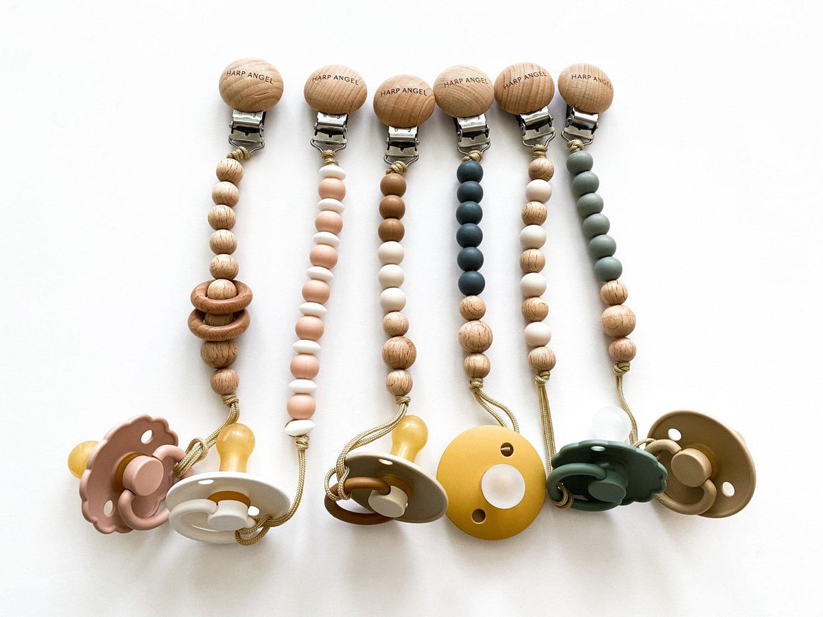 Tan Pacifier Tan Pacifier Clip – Safe Silicone & Wood Teether - Harp Angel Boutique