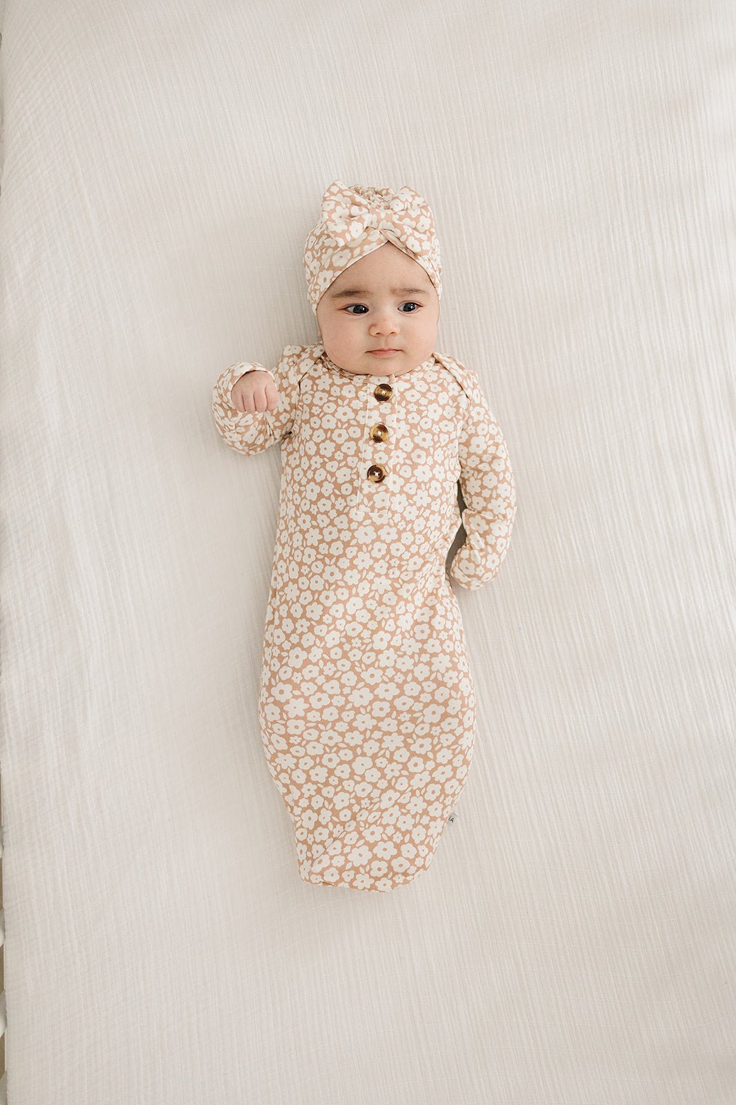 PRE-ORDER Knotted Baby Gown - Mocha Ditsy Floral - Harp Angel Boutique