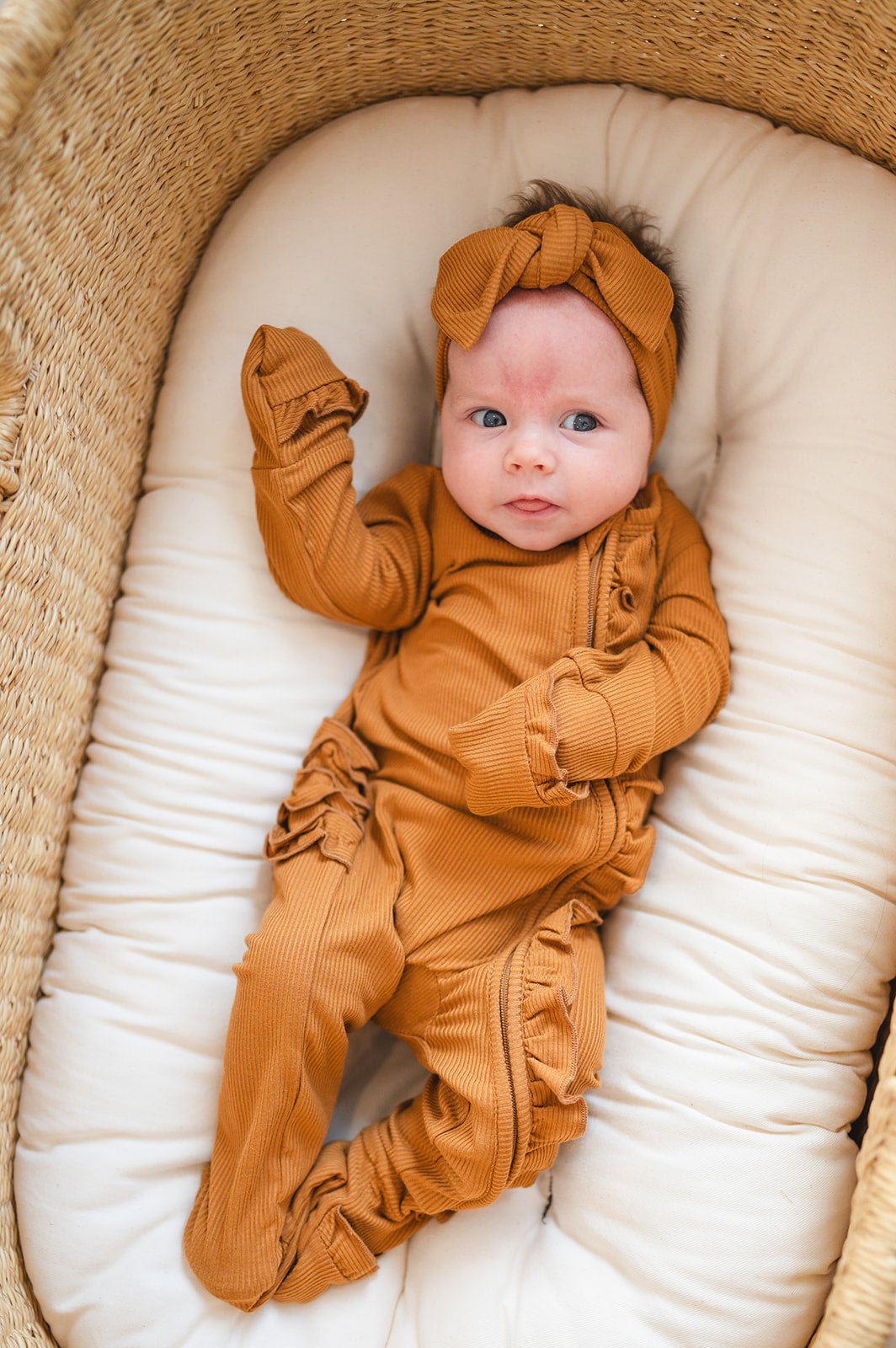 Ruffle Zipper One Piece - Caramel Ribbed - Harp Angel Boutique