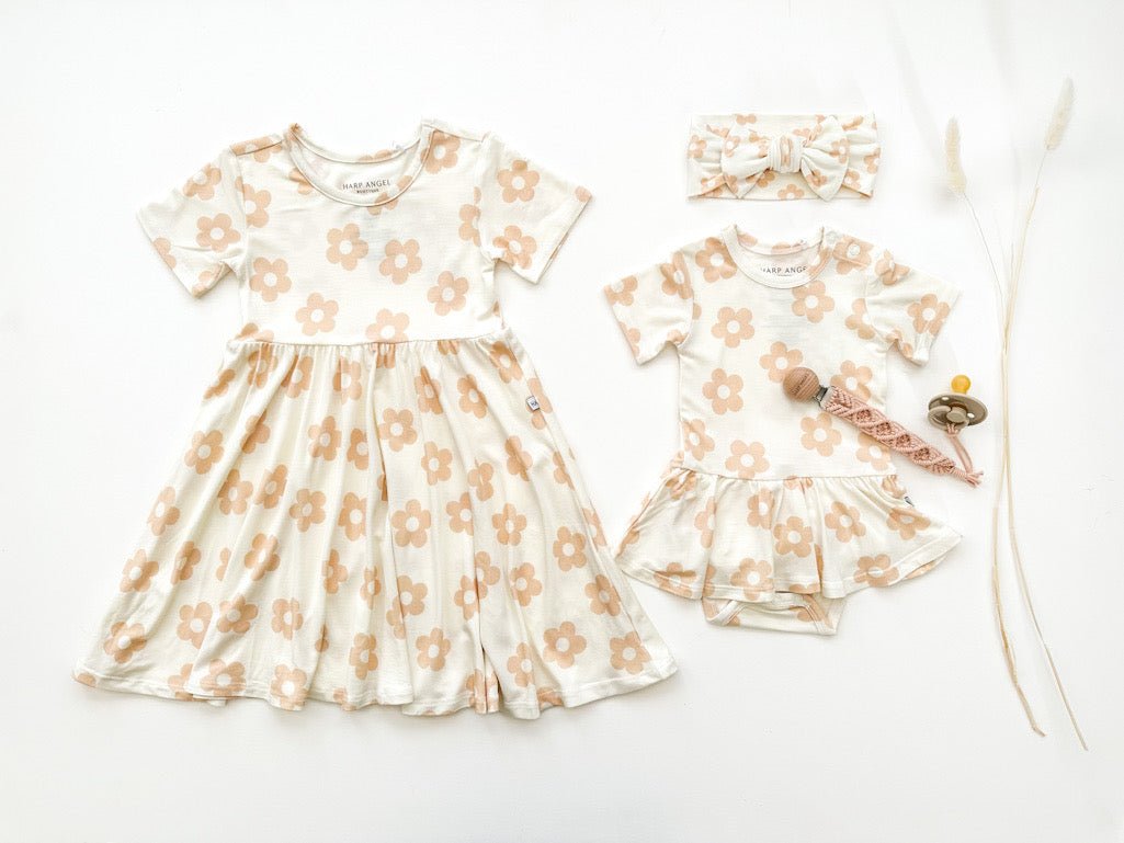 Short Sleeve Twirl Dress - Blush Daisy - Harp Angel Boutique