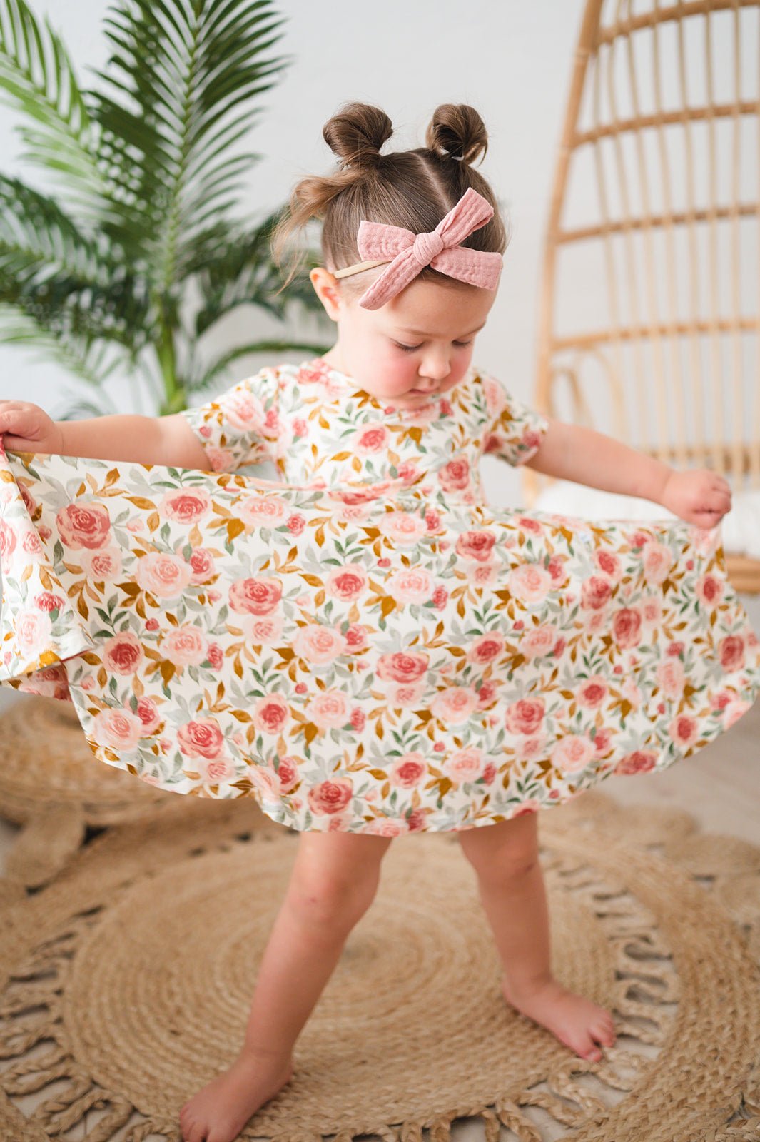 Short Sleeve Twirl Dress | Dusty Pink Floral - Harp Angel Boutique